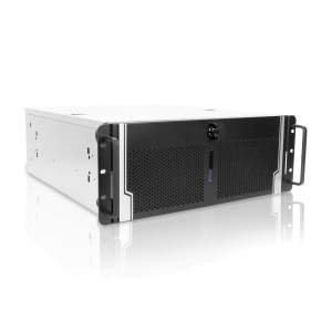 A white and black server on a black background.